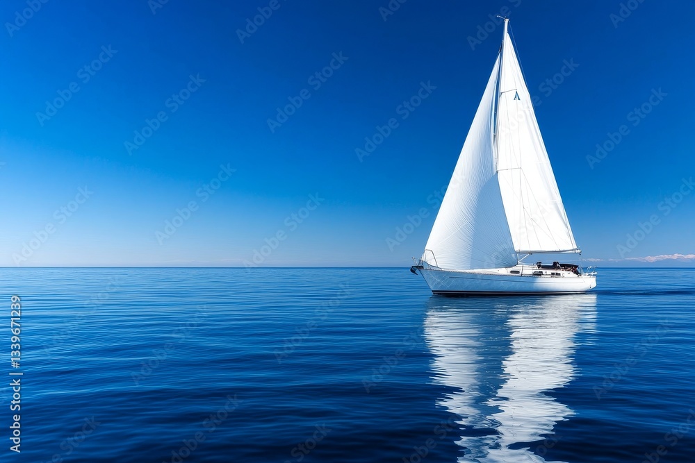 Obraz premium Solitary Sailboat on Azure Sea - A lone sailboat glides across a tranquil azure sea under a vibrant blue sky, symbolizing freedom, adventure, serenity, escape, and exploration