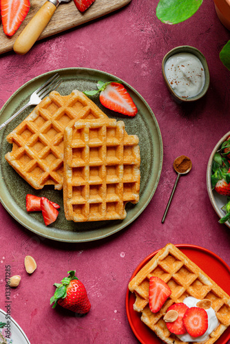 Homemade waffles with strawberries and yoghurt in rustic setting