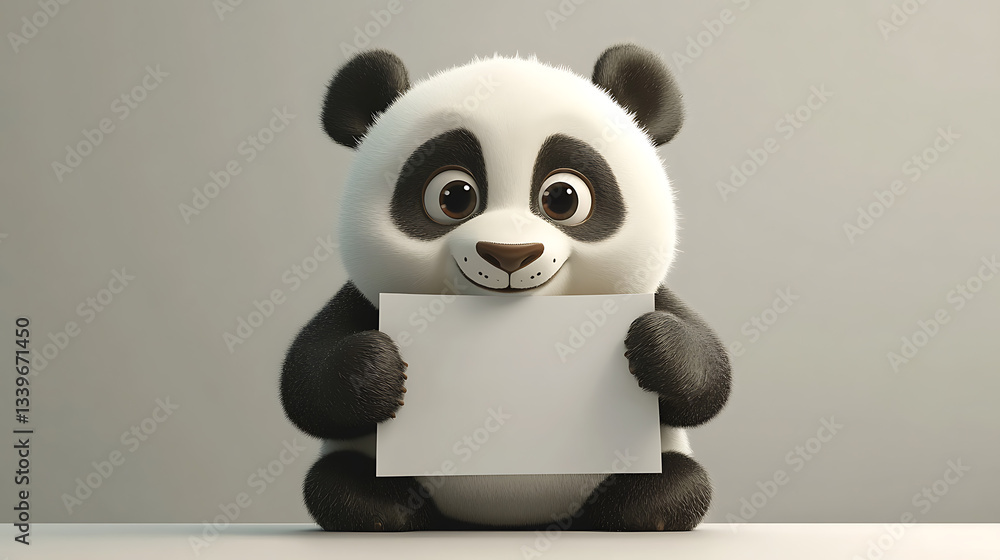 Obraz premium Cute cartoon panda holding a blank sign, sitting on a table with a neutral background