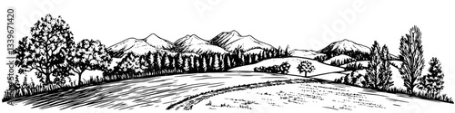 Engraved illustration of a serene mountain landscape featuring rolling hills and tall trees in vintage style
