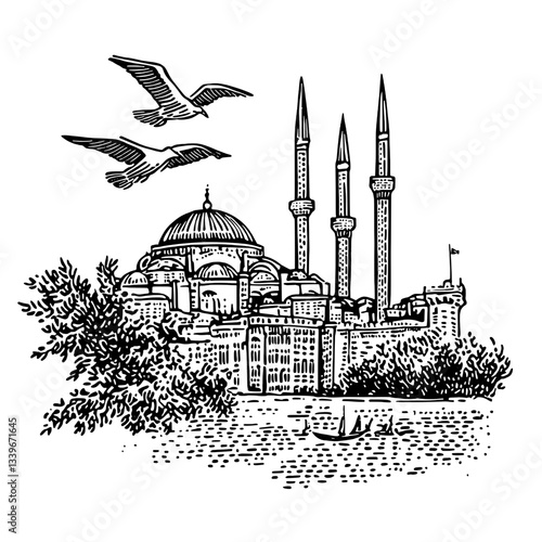Majestic skyline showcasing intricate architecture of a historic mosque surrounded by nature and birds in flight