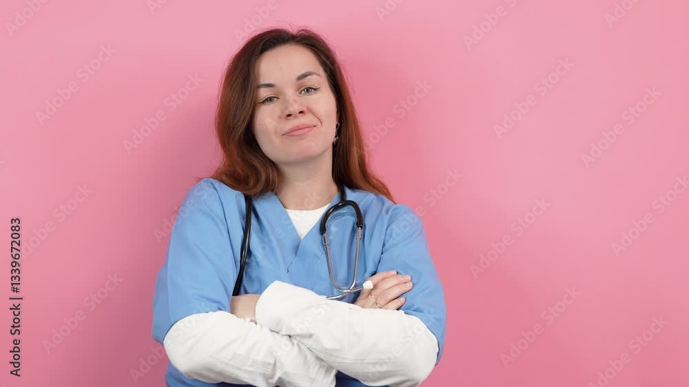 Young beautiful woman caucasian doctor smiles on isolated pink background Young beautiful woman caucasian doctor smiles on isolated pink background