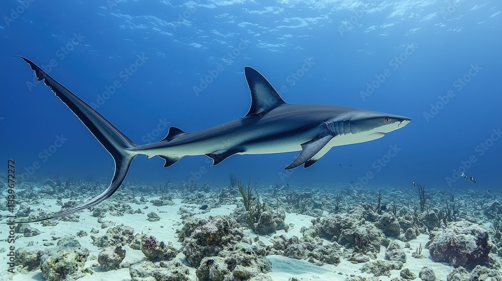 Fototapeta premium A thresher shark swims above a vibrant coral reef in the turquoise waters of the Caribbean.