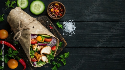   Wrap filled with meat and veggies on cutting board, served with pickles and cucumber