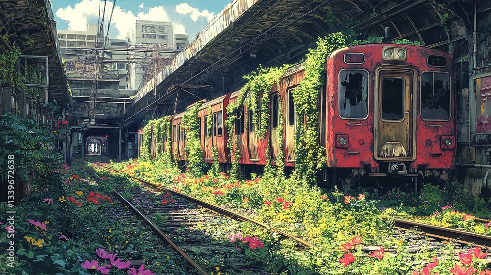 Naklejka premium Rusty train in abandoned city train station debris with green plants growing. Post apocalypse scene.