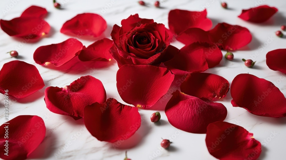 A single red rose and its petals are scattered on marble, creating a romantic scene. A single red rose and its petals are scattered on marble, creating a romantic scene.