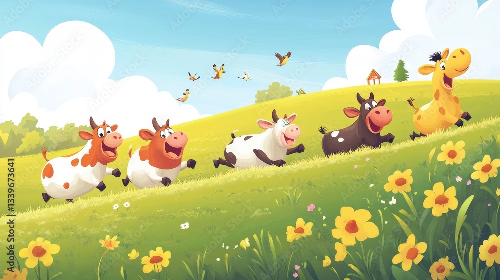 Happy Cows and Giraffe Running in a Sunny Meadow Happy Cows and Giraffe Running in a Sunny Meadow