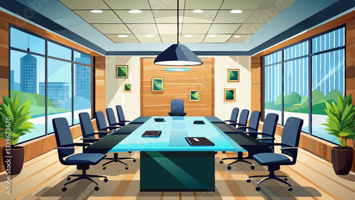Modern office conference room with a large wooden table and black chairs.