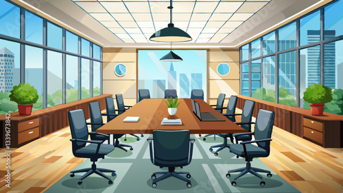 Modern office conference room with a large wooden table and black chairs.