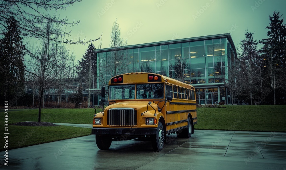 Obraz premium School Bus at Modern Building