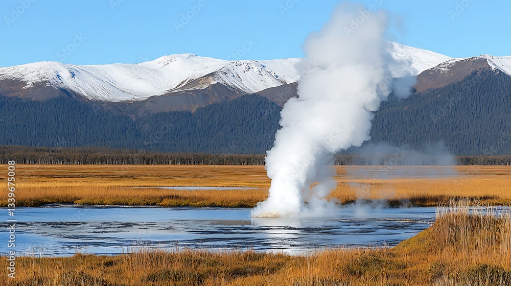 Steaming geyser by the lake against snowy mountains Steaming geyser by the lake against snowy mountains