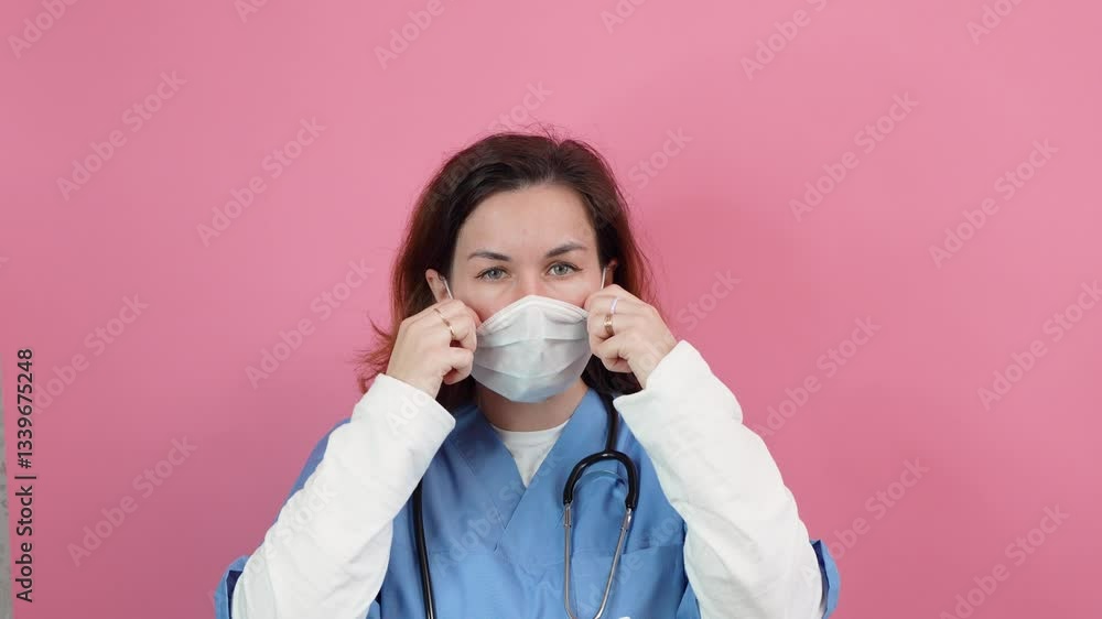 Young beautiful woman caucasian doctor in blue uniform wearing medical mask on isolated pink background Young beautiful woman caucasian doctor in blue uniform wearing medical mask on isolated pink background