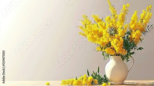   A vase with yellow flowers sits atop a table beside a knife and white wall
