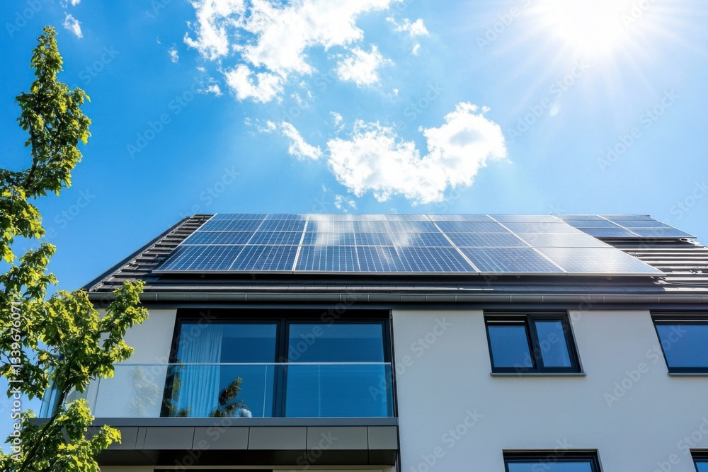 Fototapeta premium solar panels on the roof of a modern house in Germany, against a blue sky on a sunny day