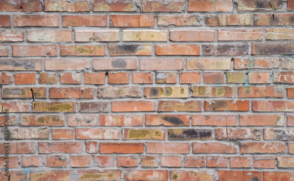 Worn brick wall with yellow and red hues Worn brick wall with yellow and red hues