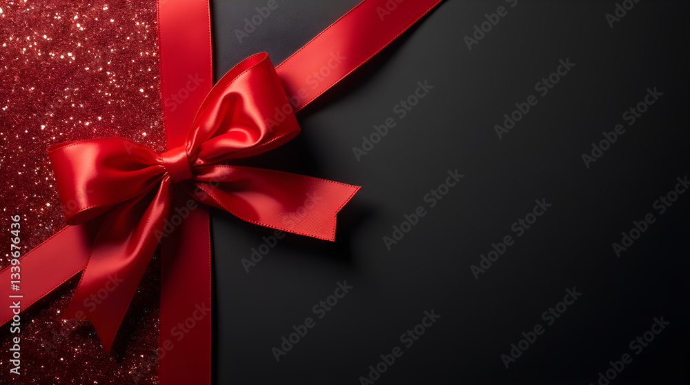 Elegant Red Satin Ribbon Bow on Glittery Red & Black Gift Wrap - Festive Holiday Present Elegant Red Satin Ribbon Bow on Glittery Red & Black Gift Wrap - Festive Holiday Present