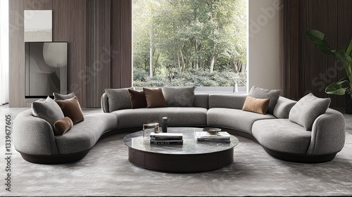 Cozy loveseat sofa near a round coffee table, creating a welcoming and balanced living space