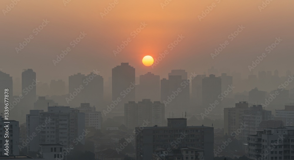 Fototapeta premium City Skyline Under Hazy Sunset with Buildings Silhouette and Orange Sky