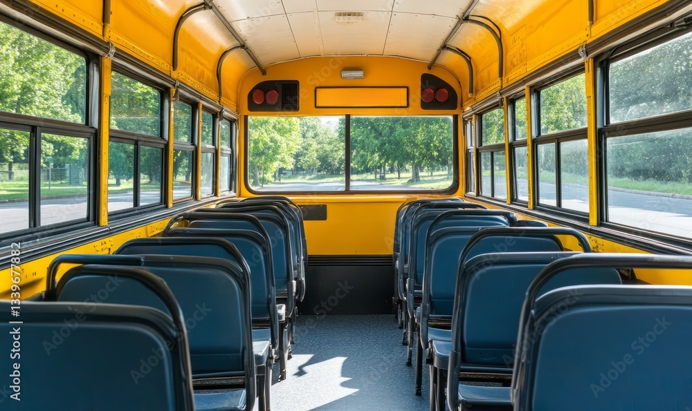 Fototapeta premium Empty Yellow School Bus Interior: A Sunny Day's View