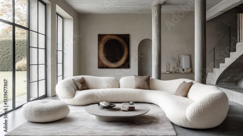 Wallpaper Mural Curved white boucle sofa near a grey wall and column, adding a touch of modern elegance to the living room Torontodigital.ca