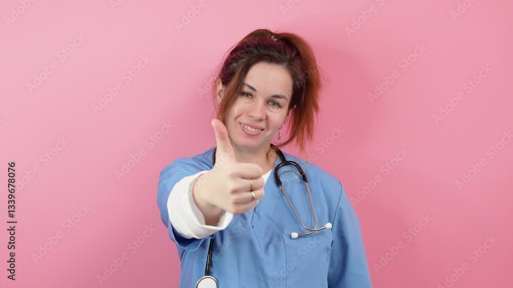 Young beautiful woman caucasian doctor in blue uniform doing thumb up over isolated pink background Young beautiful woman caucasian doctor in blue uniform doing thumb up over isolated pink background