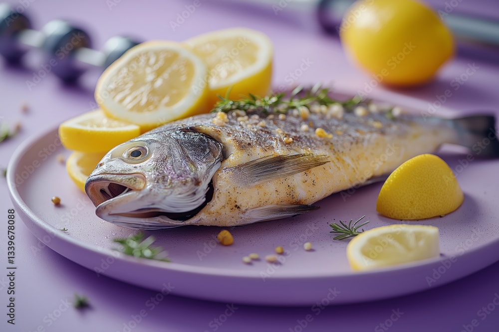 Grilled fish garnished with fresh herbs and lemon slices on a purple plate in a modern kitchen setting. Grilled fish with fresh herbs and lemon, for a nutritious meal after a workout session. Grilled fish garnished with fresh herbs and lemon slices on a purple plate in a modern kitchen setting. Grilled fish with fresh herbs and lemon, for a nutritious meal after a workout session.