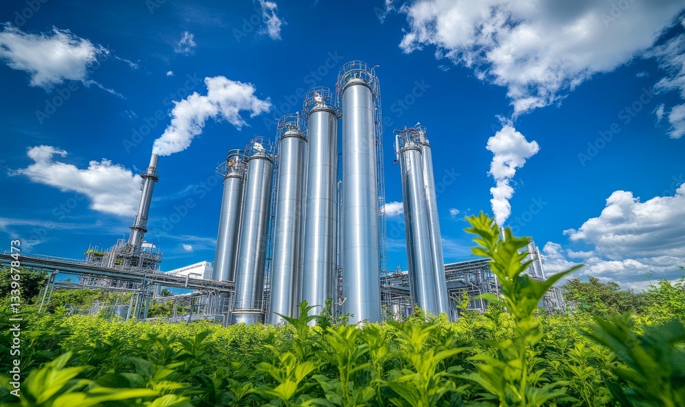 Obraz premium Modern Industrial Plant with Green Surroundings: A Sustainable Future