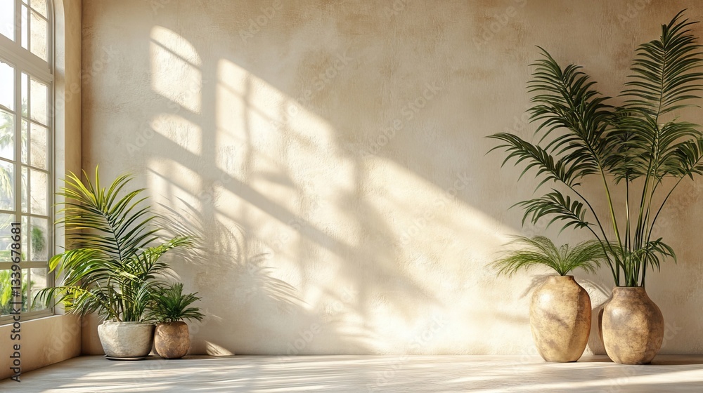 Empty room with a beige stucco wall, vases, and palm leaves, offering a simple and natural interior background Empty room with a beige stucco wall, vases, and palm leaves, offering a simple and natural interior background