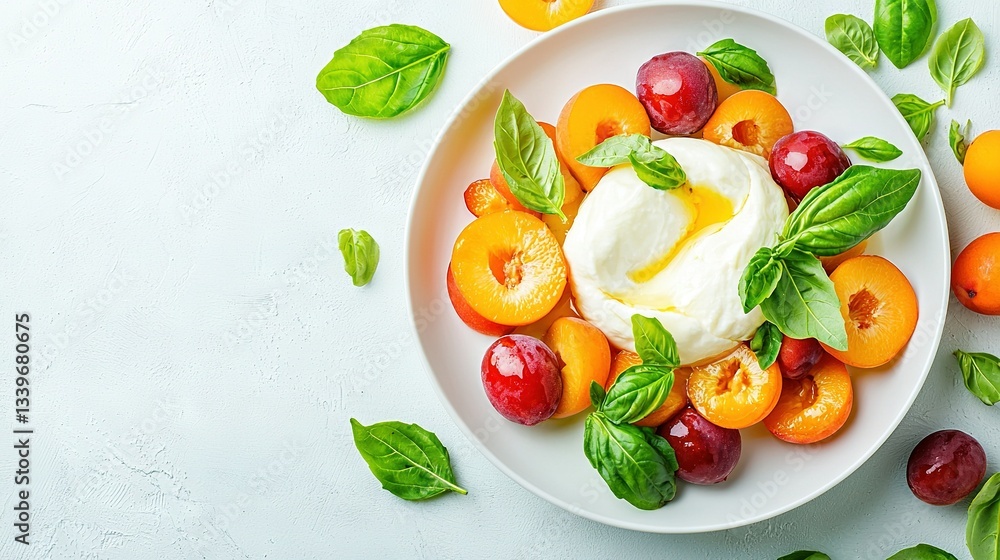 A white plate with lots of fruits on top of a green, leafy background next to oranges A white plate with lots of fruits on top of a green, leafy background next to oranges