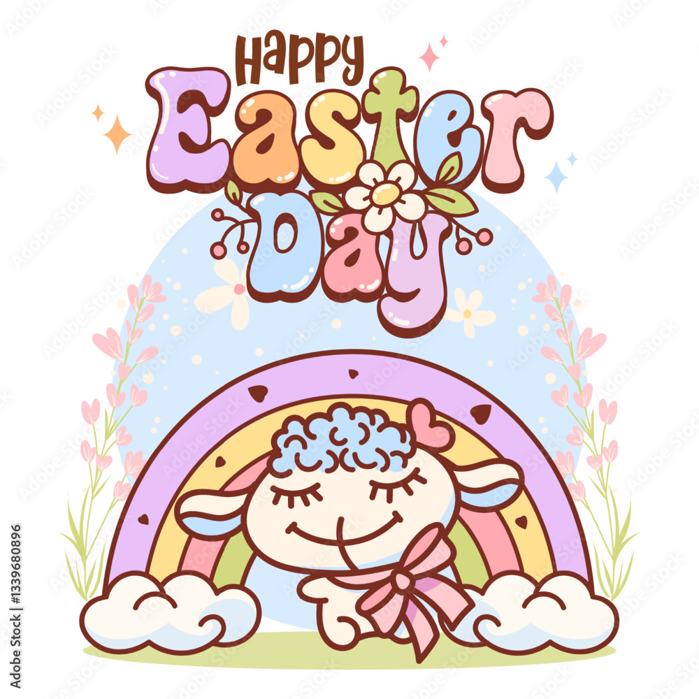 Fototapeta premium Happy Easter Day Poster with Rainbow and Sheep