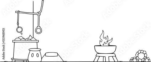 Outline of a metal foundry with molten metal minimal industrial manufacturing vector design.
