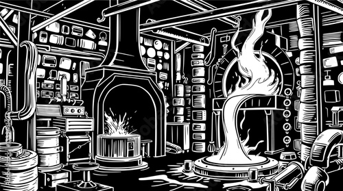 Outline of a metal foundry with molten metal minimal industrial manufacturing vector design.