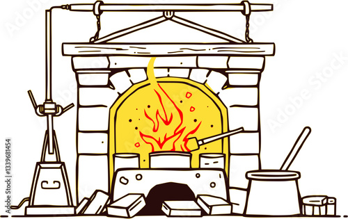 Outline of a metal foundry with molten metal minimal industrial manufacturing vector design.