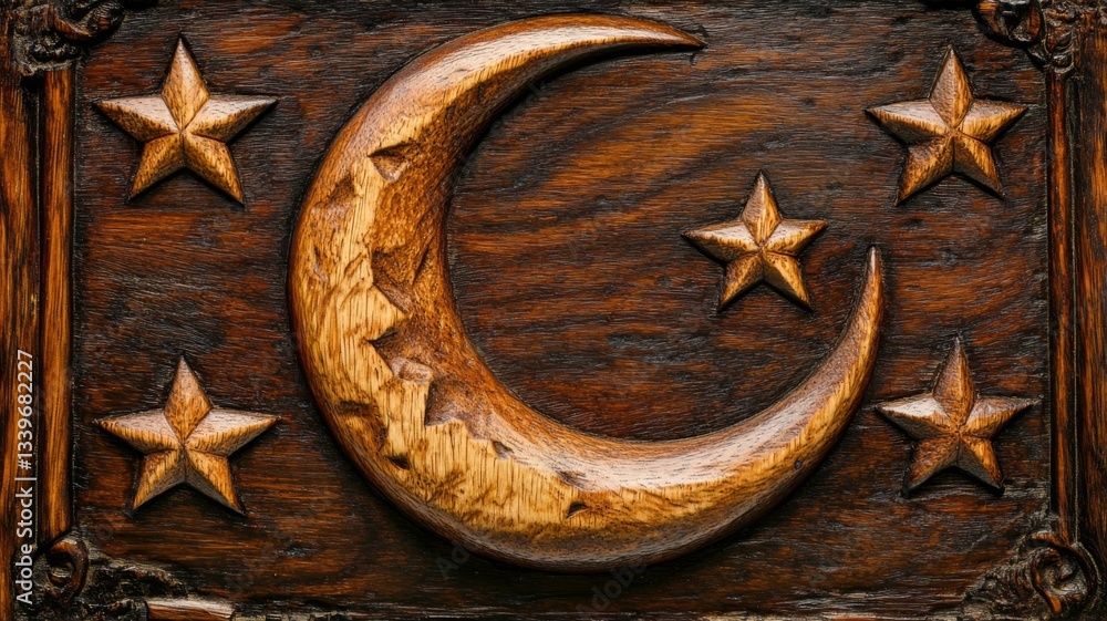 Carved Wooden Crescent Moon With Stars Design Carved Wooden Crescent Moon With Stars Design