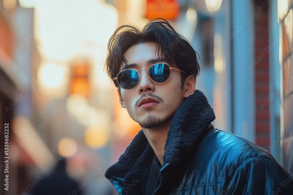 Stylish individual in sunglasses on a city street Stylish individual in sunglasses on a city street