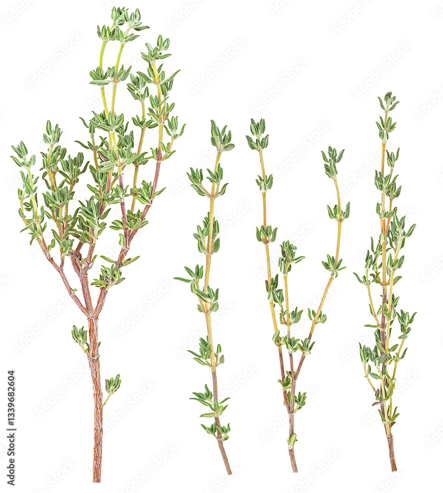Different branches of fresh thyme isolated on a white background, top view. Thymus sprigs. Different branches of fresh thyme isolated on a white background, top view. Thymus sprigs.