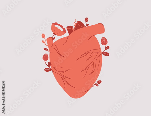 Human heart organ with flowers. Good cardiac system function and cardio health. Creativity flat vector illustration