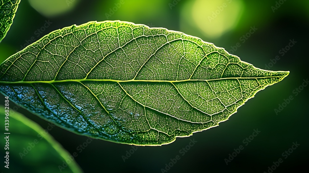 Close-up of a vibrant green leaf, backlit, showcasing intricate vein details. Close-up of a vibrant green leaf, backlit, showcasing intricate vein details.