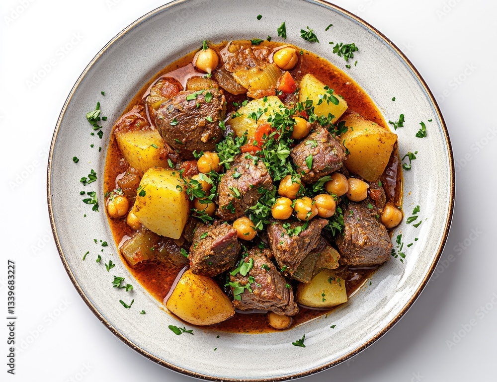 Hearty stew with potatoes, chickpeas, and meat. A flavorful, comforting dish Hearty stew with potatoes, chickpeas, and meat. A flavorful, comforting dish