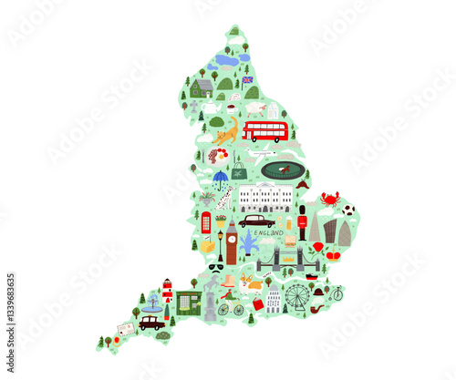 Map of England with attributes and landmarks of this country drawn in a flat style. Hand drawn illustration.