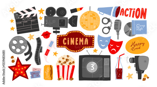 Thematic set with elements of vintage cinema, film, movie camera, popcorn, TV, in flat style. Hand drawn illustration.