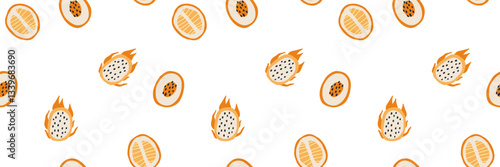 seamless pattern featuring tropical fruits, such as dragon fruit and passion fruit, in a bright and playful style.