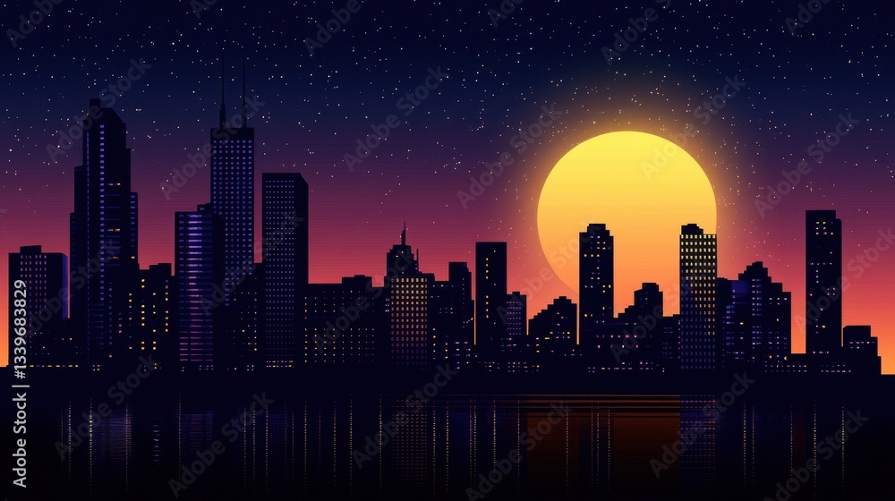 Silhouetted City Skyline With A Large Bright Yellow Sun Silhouetted City Skyline With A Large Bright Yellow Sun