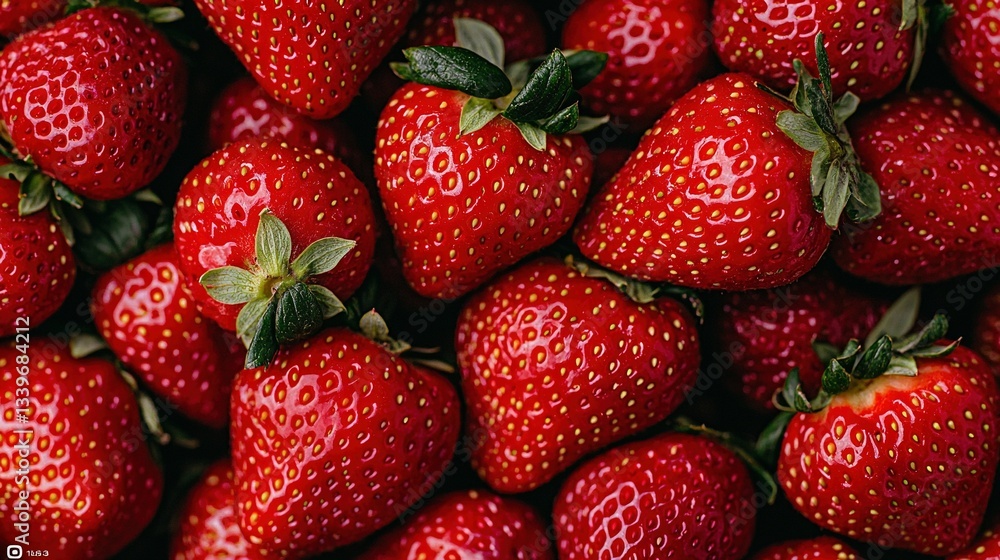 Close-up of several strawberries with green leaves on top and bottom Close-up of several strawberries with green leaves on top and bottom