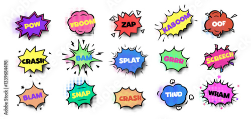 Comics speech bubbles, sound effects with dynamic typography for pop art, comics, cartoons, action scenes. Retro comic book design. Vector illustration
