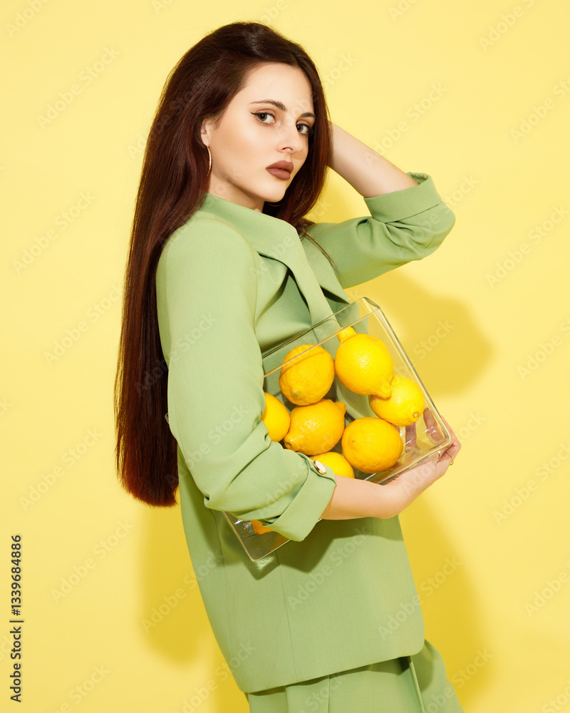 Fashion portrait of beautiful model in green suit with lemons against yellow background