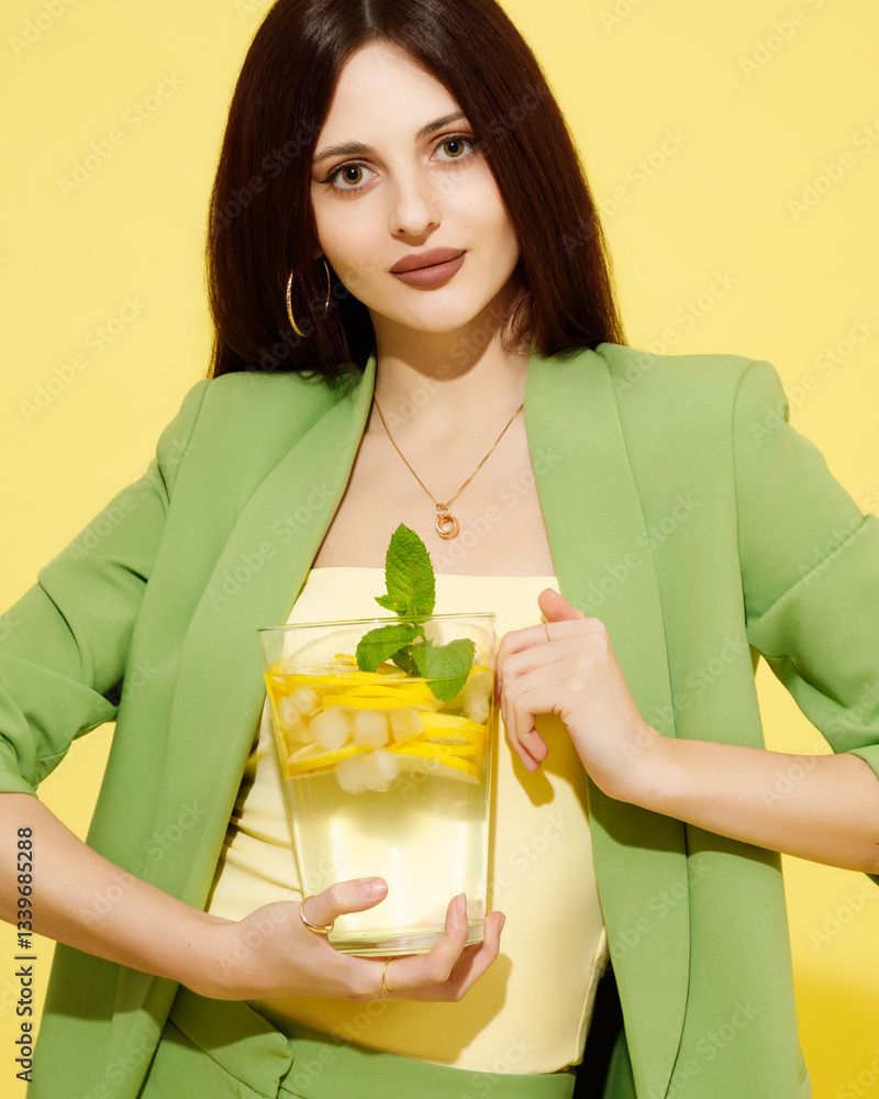 Fashion portrait of beautiful model in green suit with glass of lemonade against yellow background