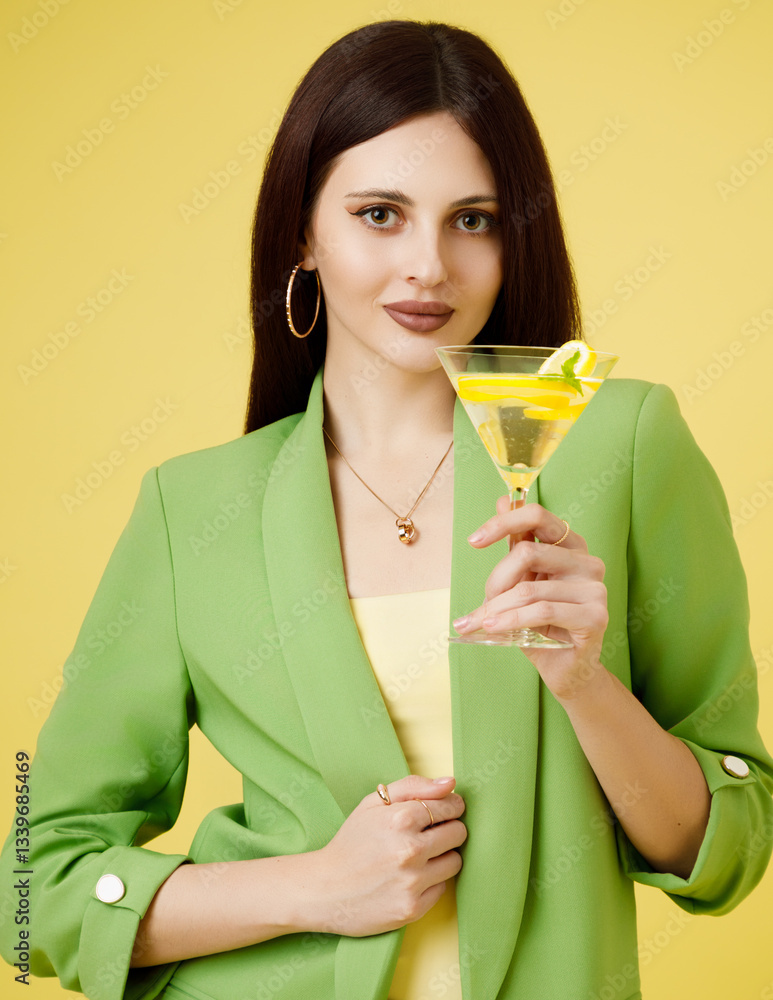Fashion portrait of beautiful model in green suit with glass of lemonade against yellow background