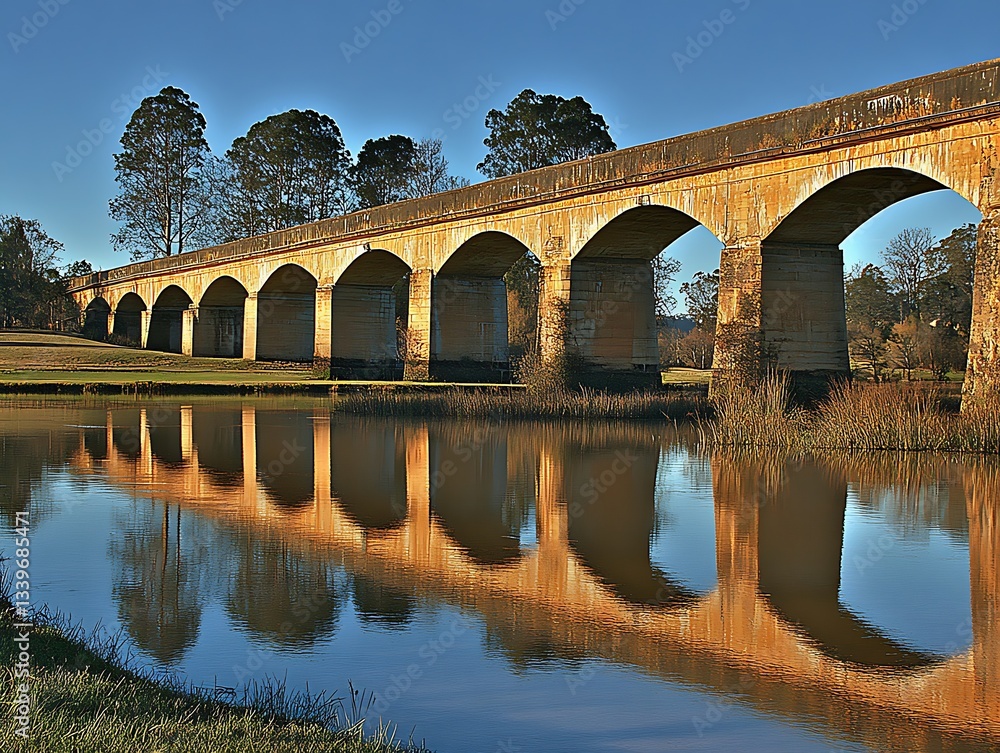 Fototapeta premium Stone Bridge over River Reflecting on Water for Landscape