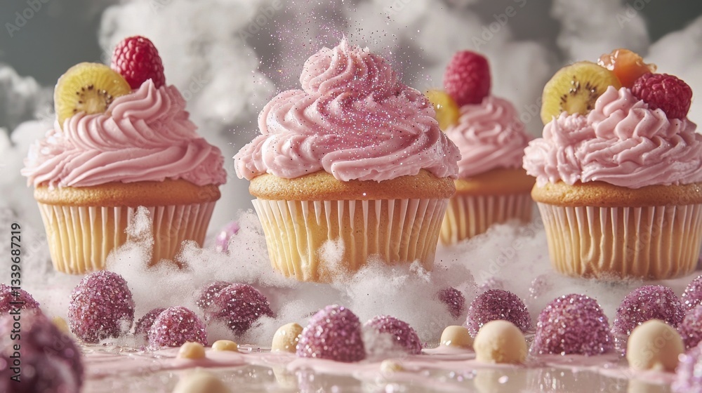 Delicious cupcakes with pink frosting, raspberries, and kiwi stand out against a dreamy, glittery backdrop. Delicious cupcakes with pink frosting, raspberries, and kiwi stand out against a dreamy, glittery backdrop.